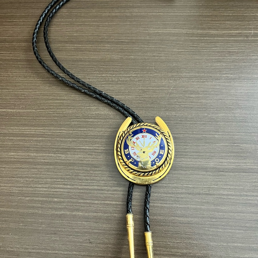 Rare Vintage BPOE Elks Bolo Tie Deer Clock Horseshoe Western Rope Slide